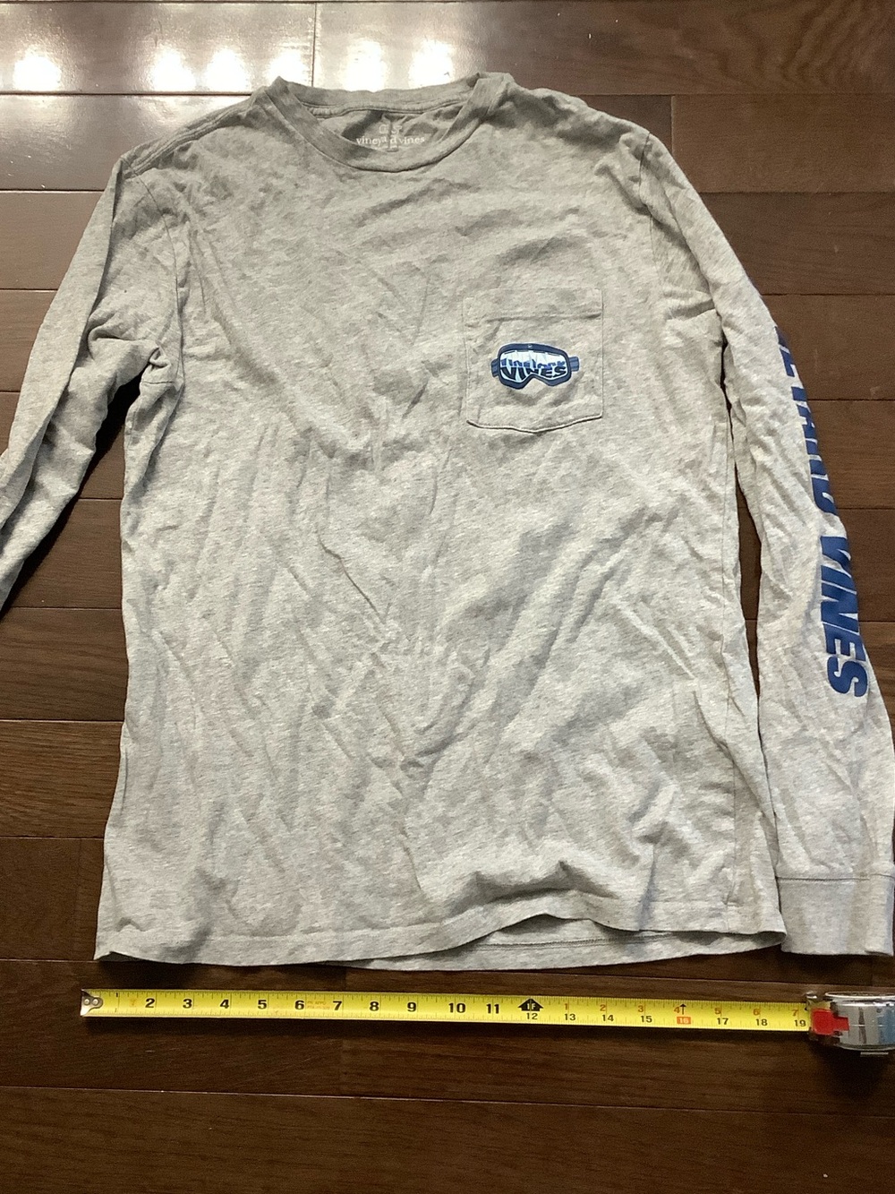 Vineyard Vines Gray Long Sleeve Pocket Tee with Blue Logo